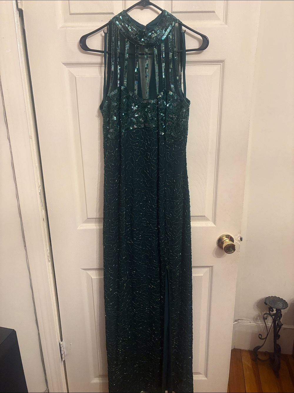 Papell Boutique Teal Green Beaded Halter Maxi Dress